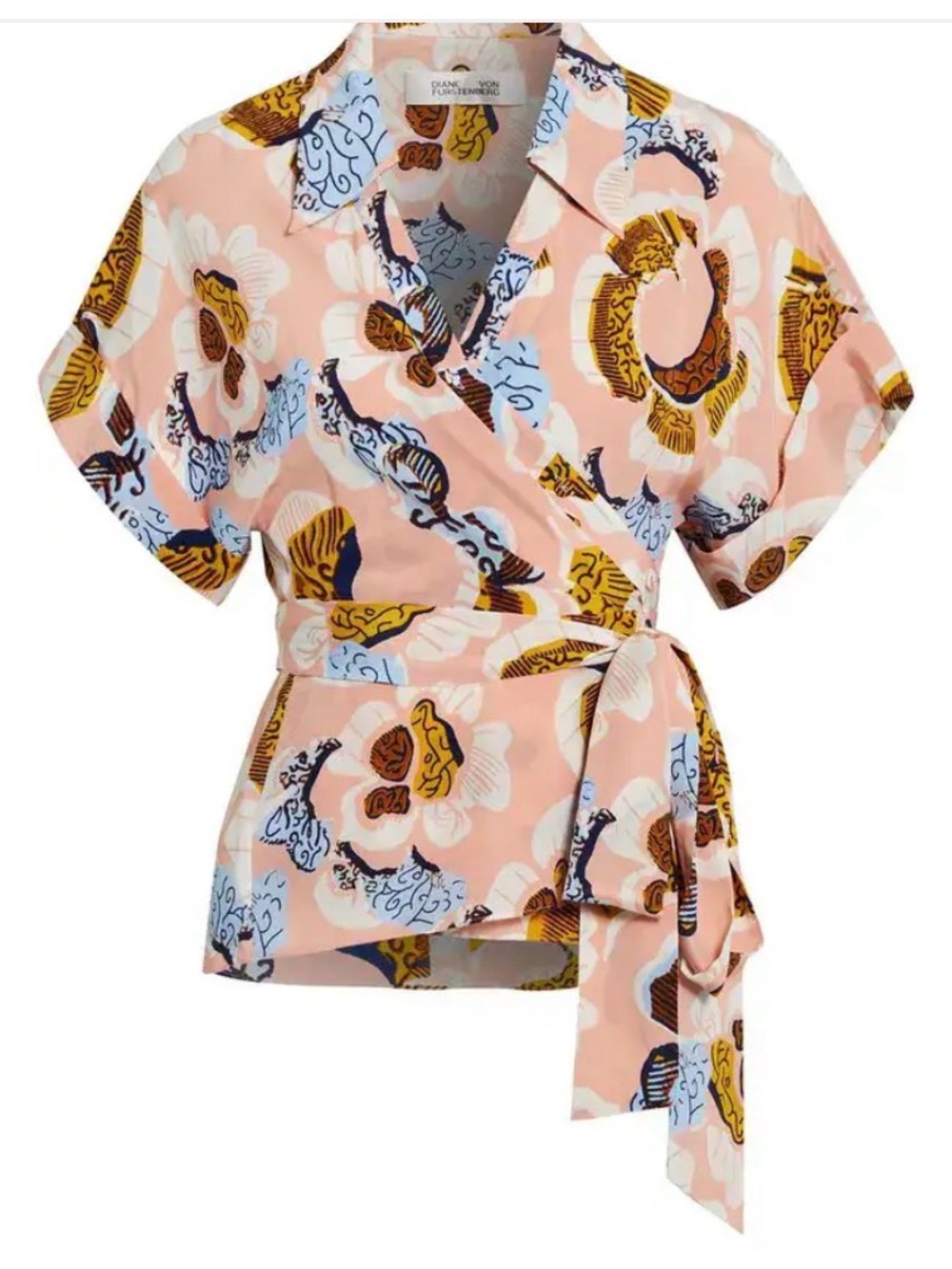 Diane Von Furstenberg Pink Floral Wrap Top with Blue and Gold Accents